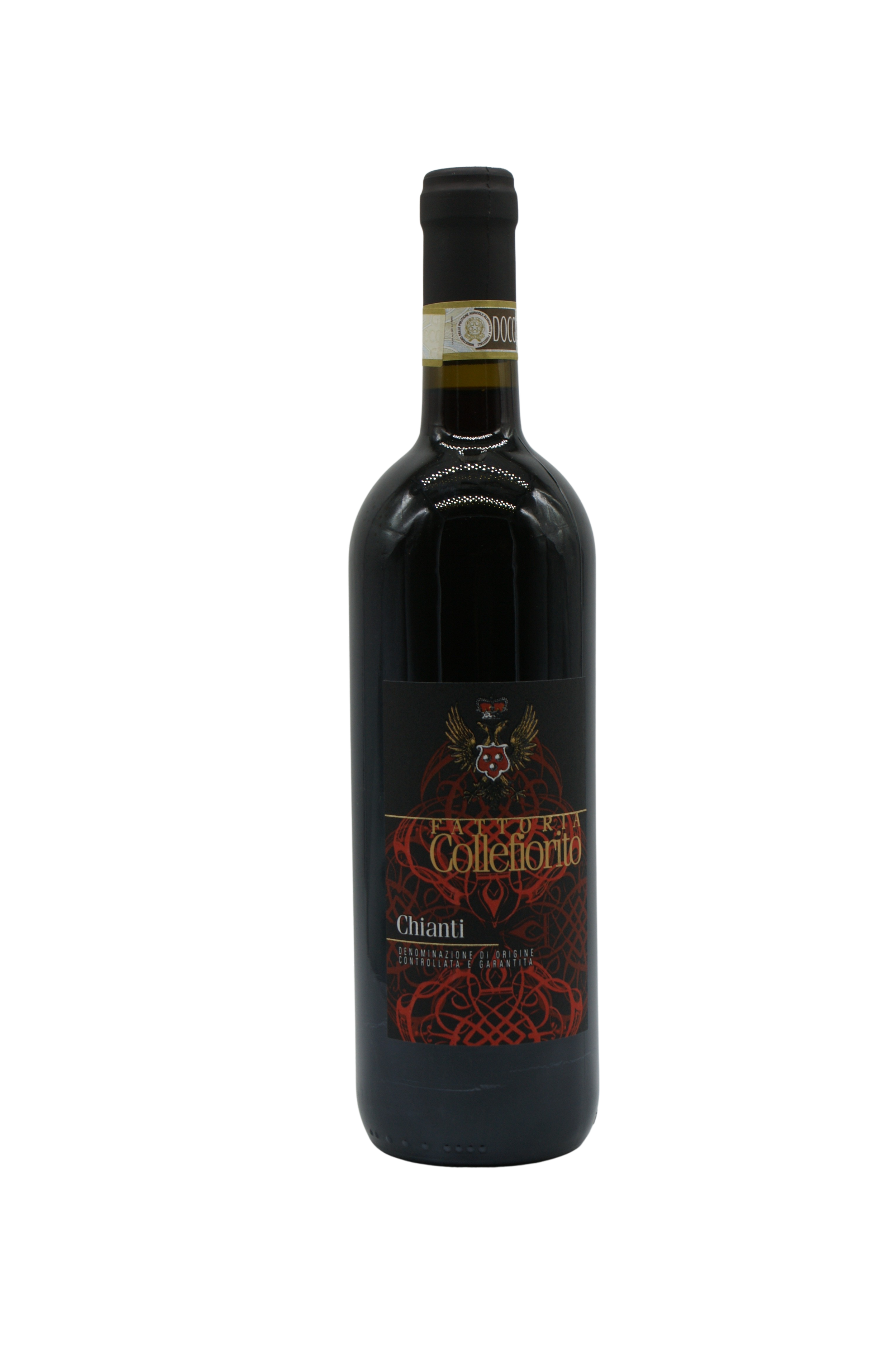 Bottiglia di vino rosso Chianti con etichetta nera e dettagli rossi e dorati, raffigurante un'icona di un'aquila con scudo e il nome 'Fattoria Colleforte'.