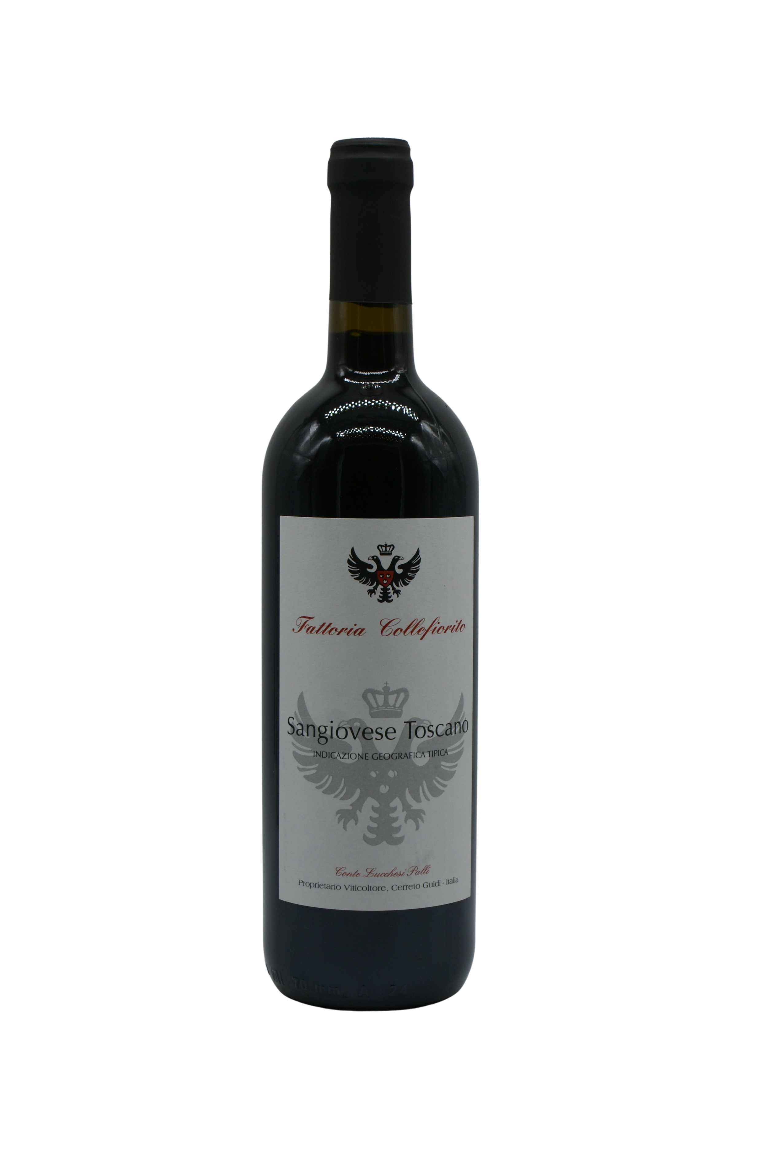 Bottiglia di vino rosso con etichetta di vino Sangiovese Toscano, marca Fattoria Collefiorito.