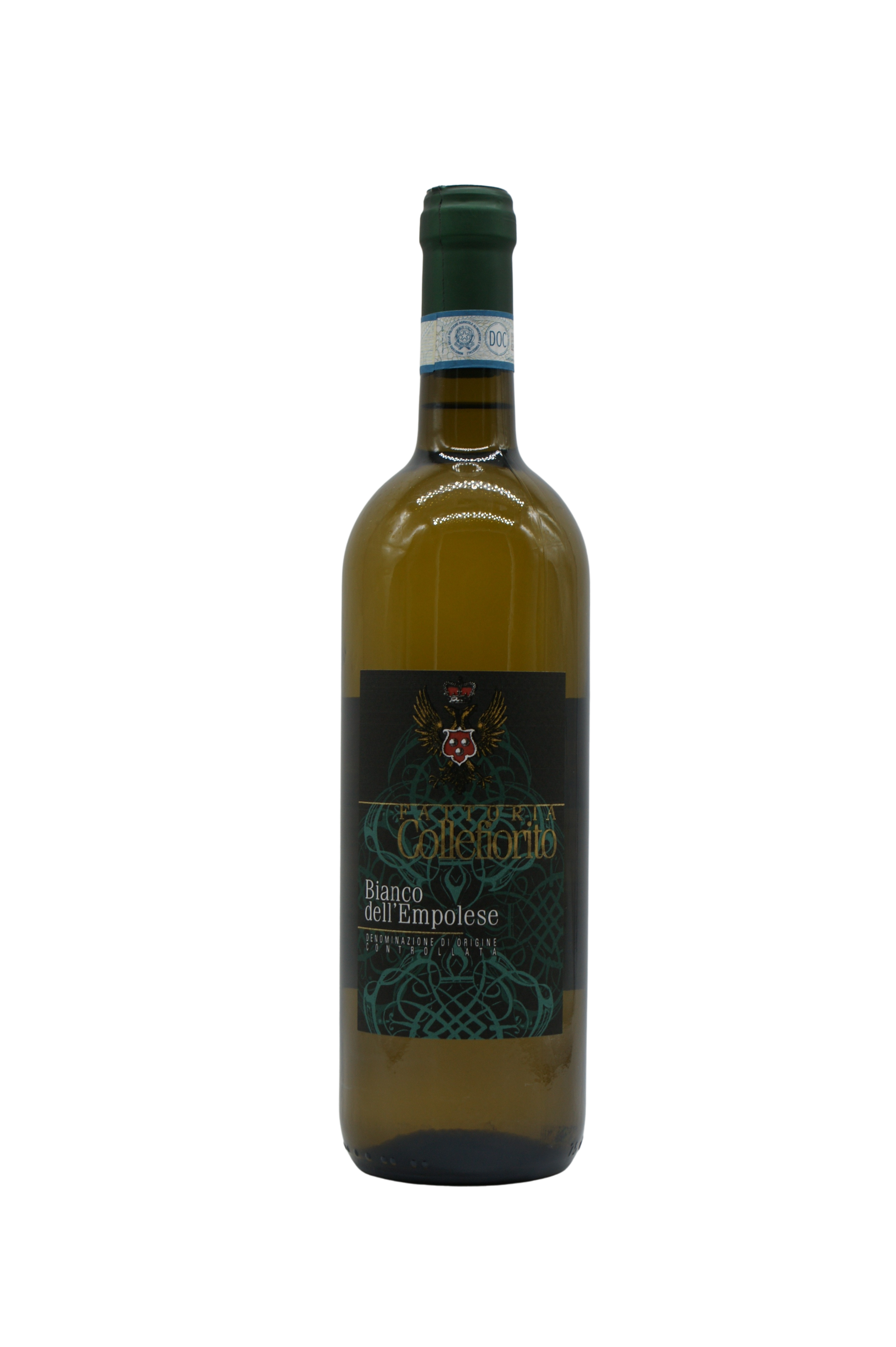bottiglia di vino Bianco dell'Empolese con etichetta nera, decorativa, e cappuccio verde