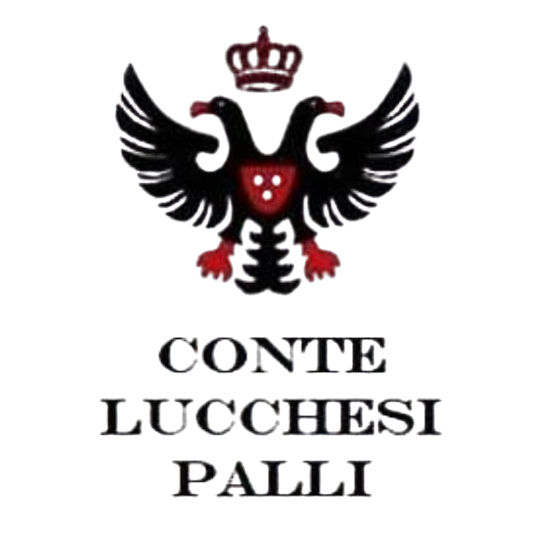Logo di un'icona con due aquile nere, una con corona rossa, e un cuore rosso al centro, con il testo 'Conte Luchesi Paler' sotto.