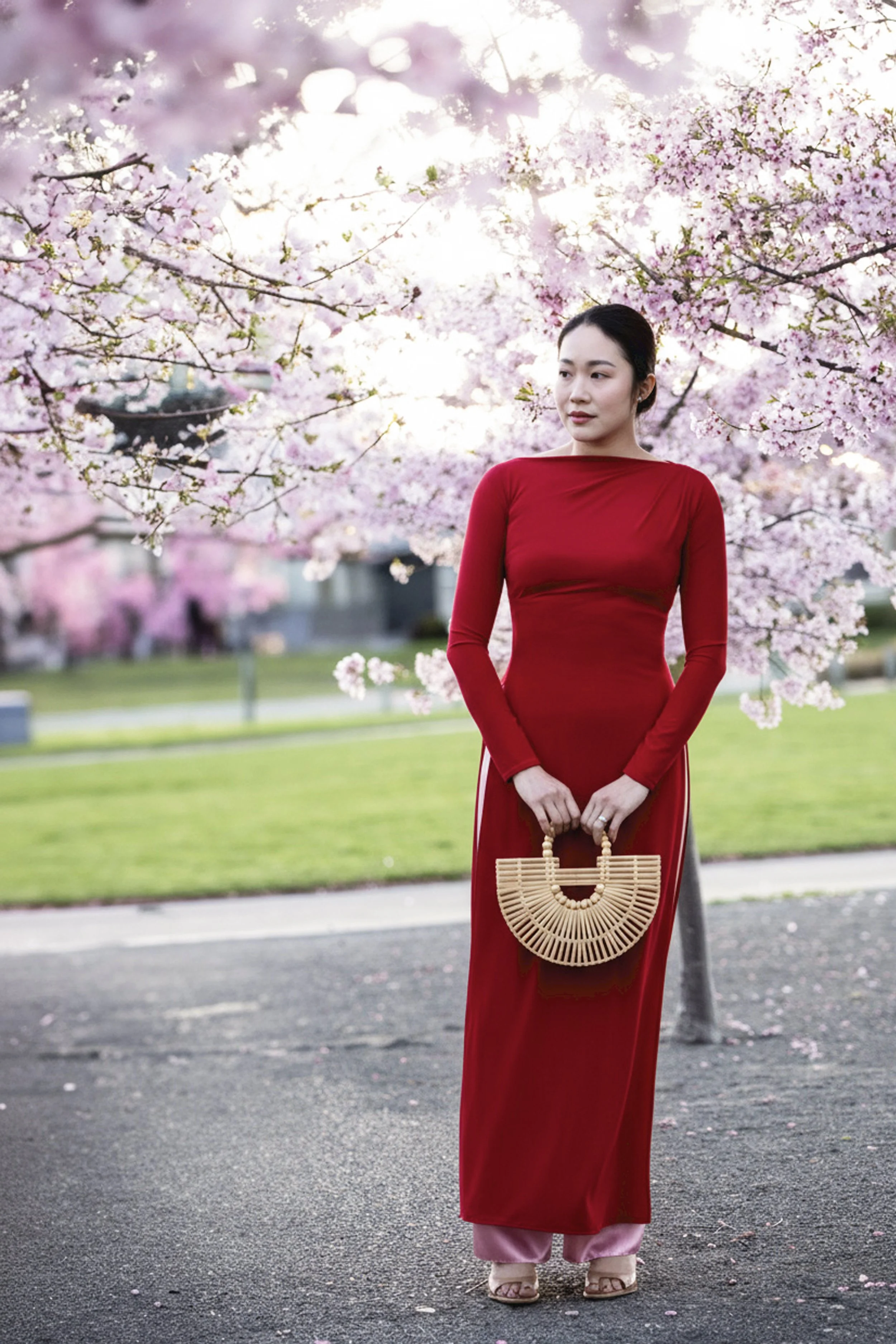 A woman in a red long-sleeve dress holding a rattan handbag standing on a park pathway under pink cherry blossoms.