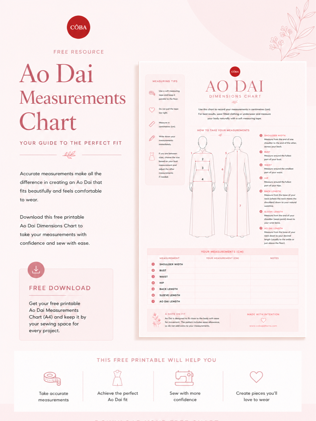 A printable Ao Dai measurements chart with instructions, illustrations, and measurement fields on a pink and white background, promoting accurate measurements for a perfect fit.