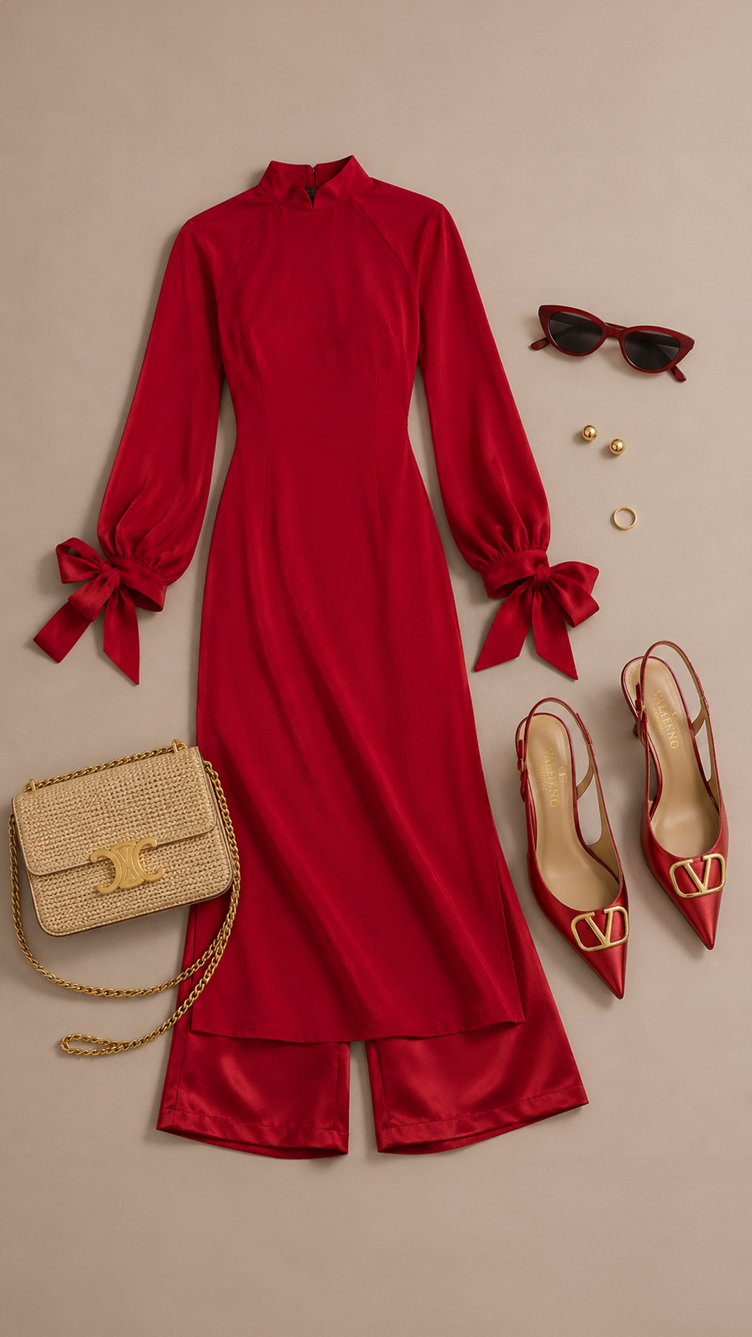 A red traditional ao dai flatlay with shoes, bag and accessories