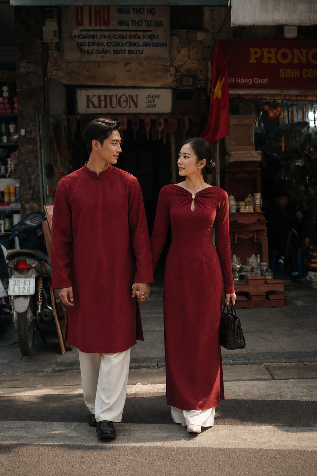 A lady wears red wedding a dai with bust details