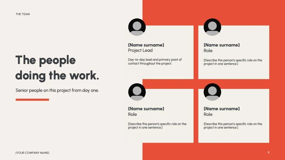  The team  
Four bios, focused on relevant experience