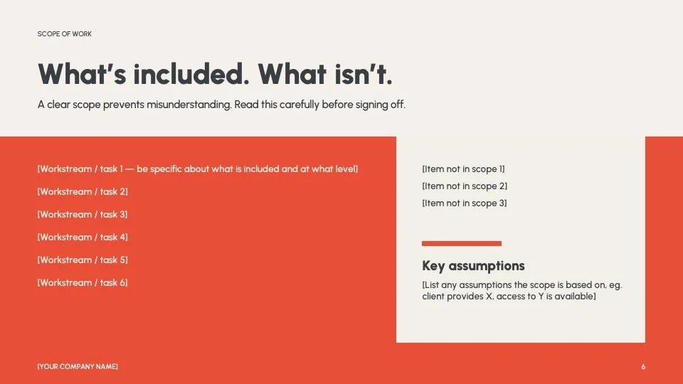  Scope of work  
Includes and excludes, clearly separated