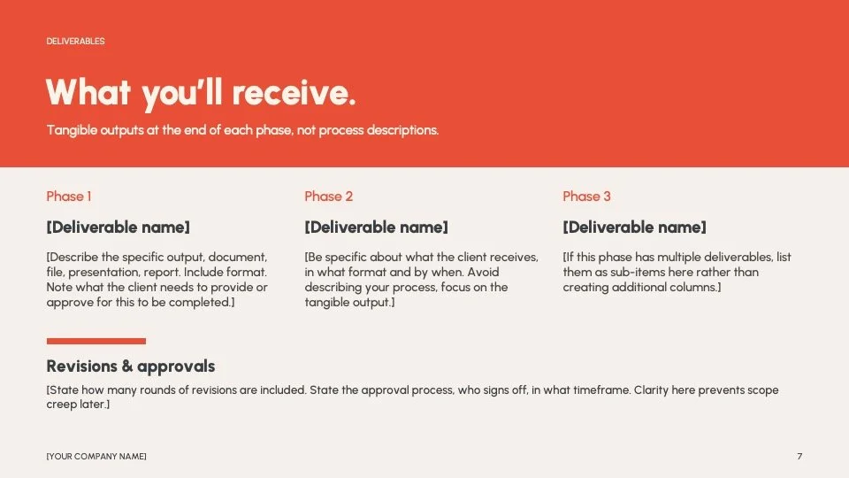  Deliverables  
Tangible outputs, not process descriptions