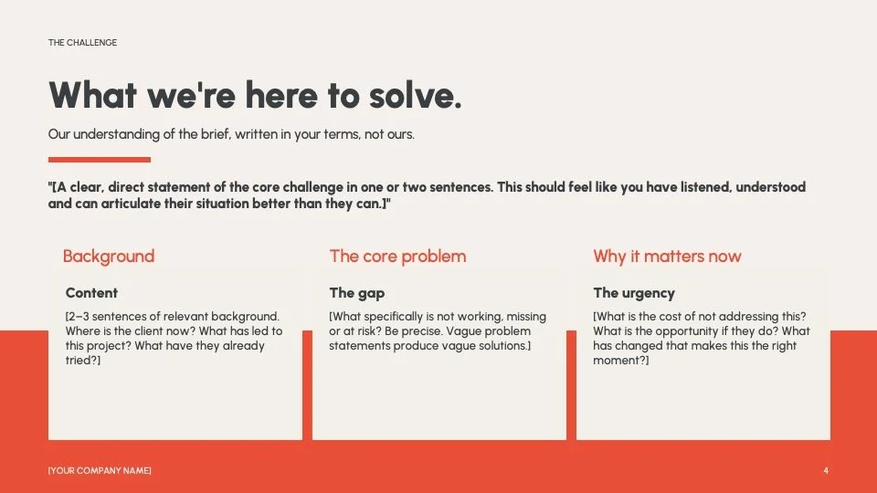  The challenge  
Structured to show you've listened before you've pitched