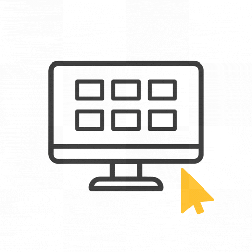 Icon of a computer monitor displaying a grid layout with six squares, and a yellow computer cursor pointing at the monitor.