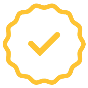 A yellow badge with a check mark inside a scalloped border.