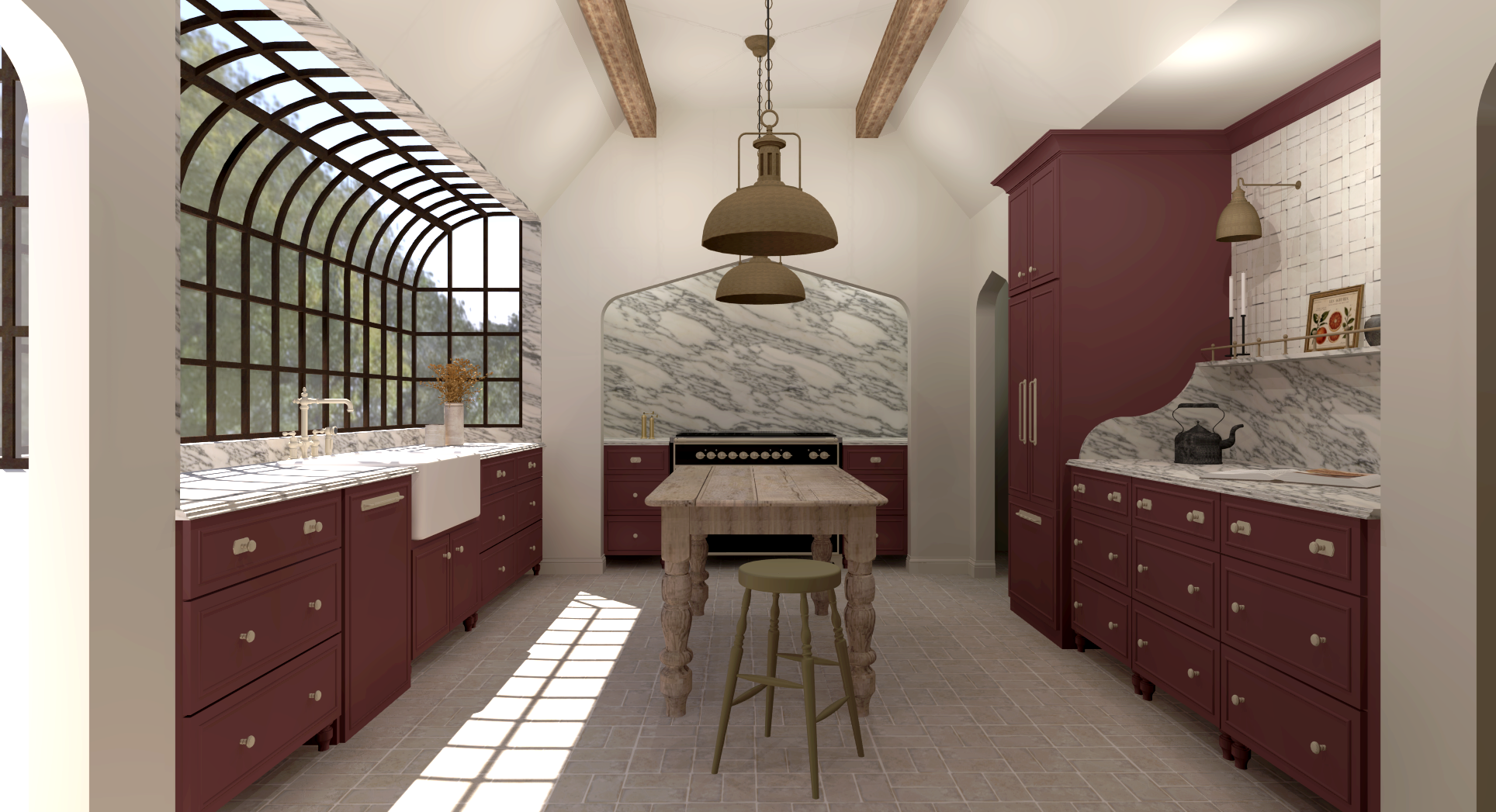 A designer kitchen with vaulted ceilings and decorative beams, marble counters, burgundy cabinets, and marble backsplash.