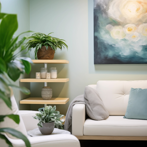 Modern living room with a white sofa, decorative pillows, a gray throw blanket, and a light green wall. There are wall-mounted wooden shelves with potted plants and candles, and a large abstract painting on the wall.