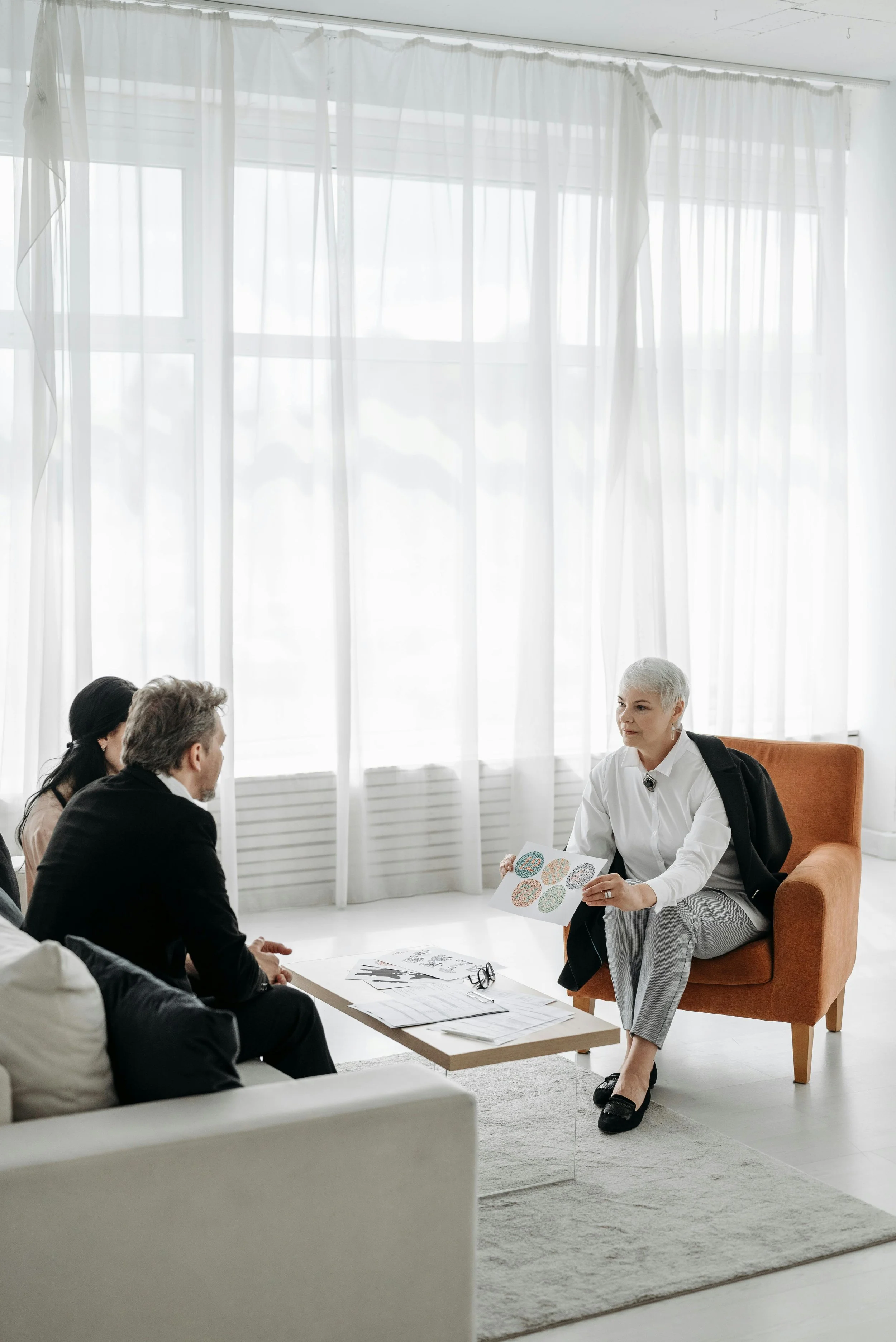 A woman with short gray hair wearing a white blouse and gray plaid pants sitting on an orange armchair, holding a color palette and explaining it to a group of three people sitting across from her. The room has white curtains, a coffee table with papers, and a large window in the background.