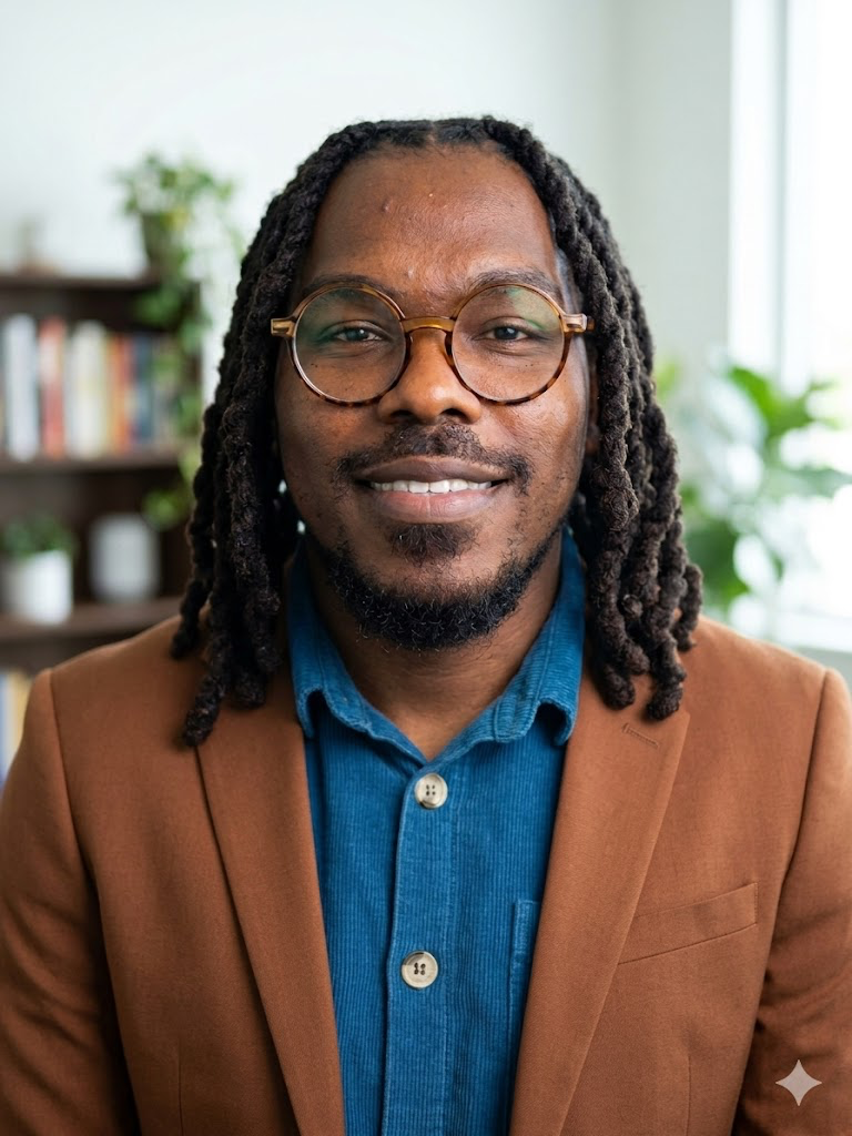 A man with glasses and dreadlocks smiling in a well-lit room with bookshelves and plants in the background.