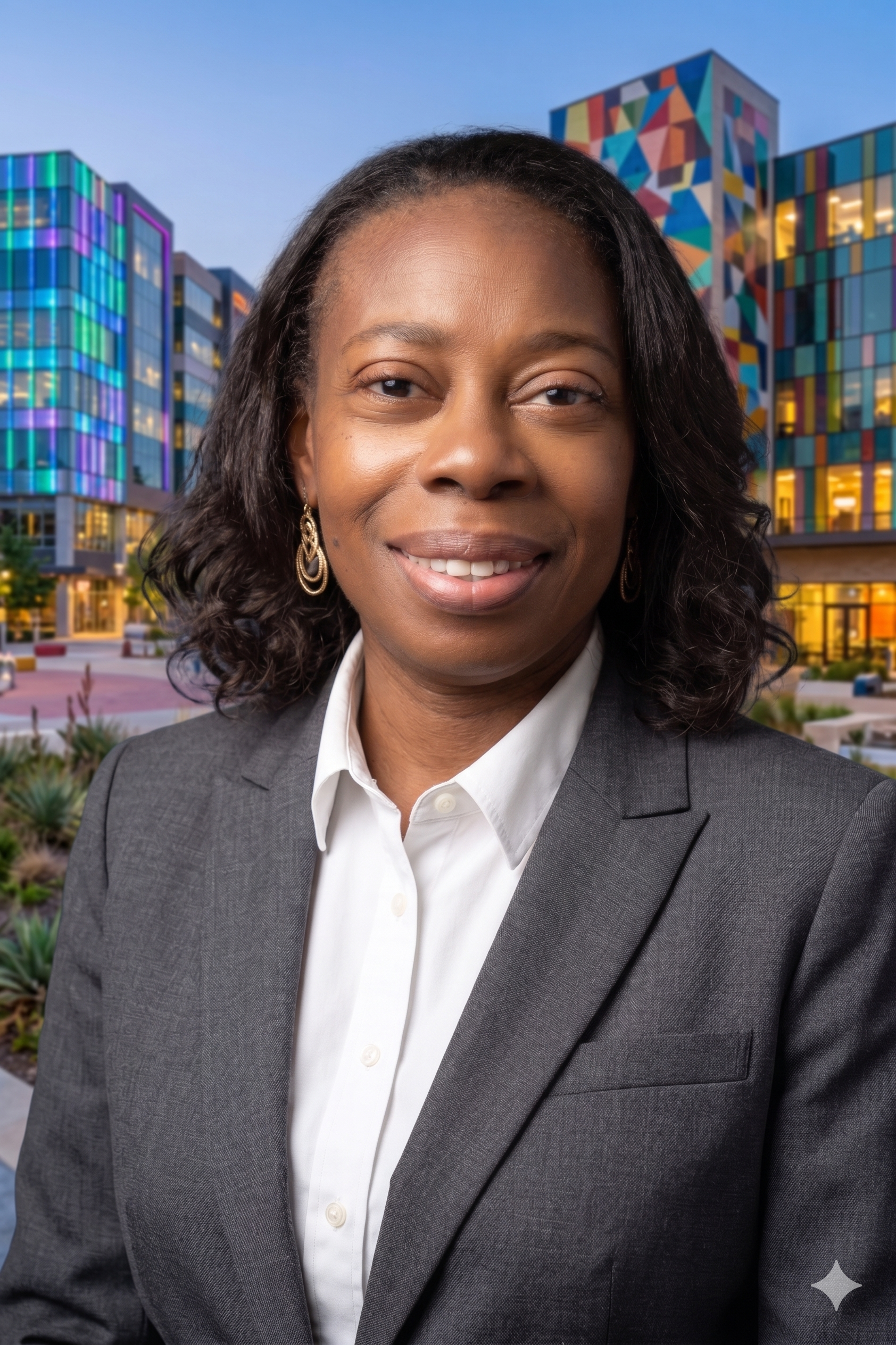 Close-up of an African American woman wearing a gray business suit and white shirt, standing outdoors in front of colorful modern buildings during dusk.
