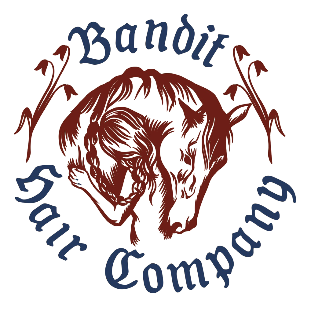 Illustration of a horse with braided mane, surrounded by flowers. The text 'Bandit Training Company' encircles the image.