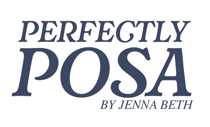 Text graphic with the phrase 'PERFECTLY POSA BY JENNA BEITH' in various shades of blue.