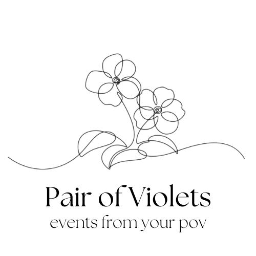 Line drawing of two flowers with leaves on a curved ground line.