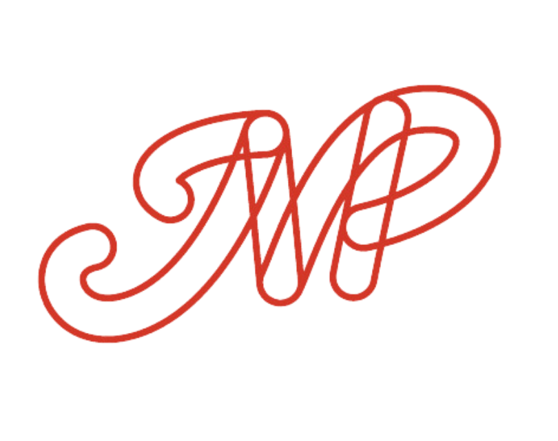 Stylized red cursive initials 'AMP' on a black background.
