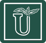 White letter 'U' with a plant sprouting from the top inside a green square