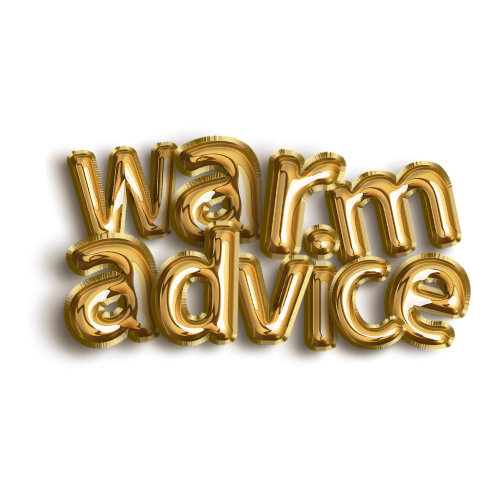 Golden 3D text spelling 'warm advice' on a black background.