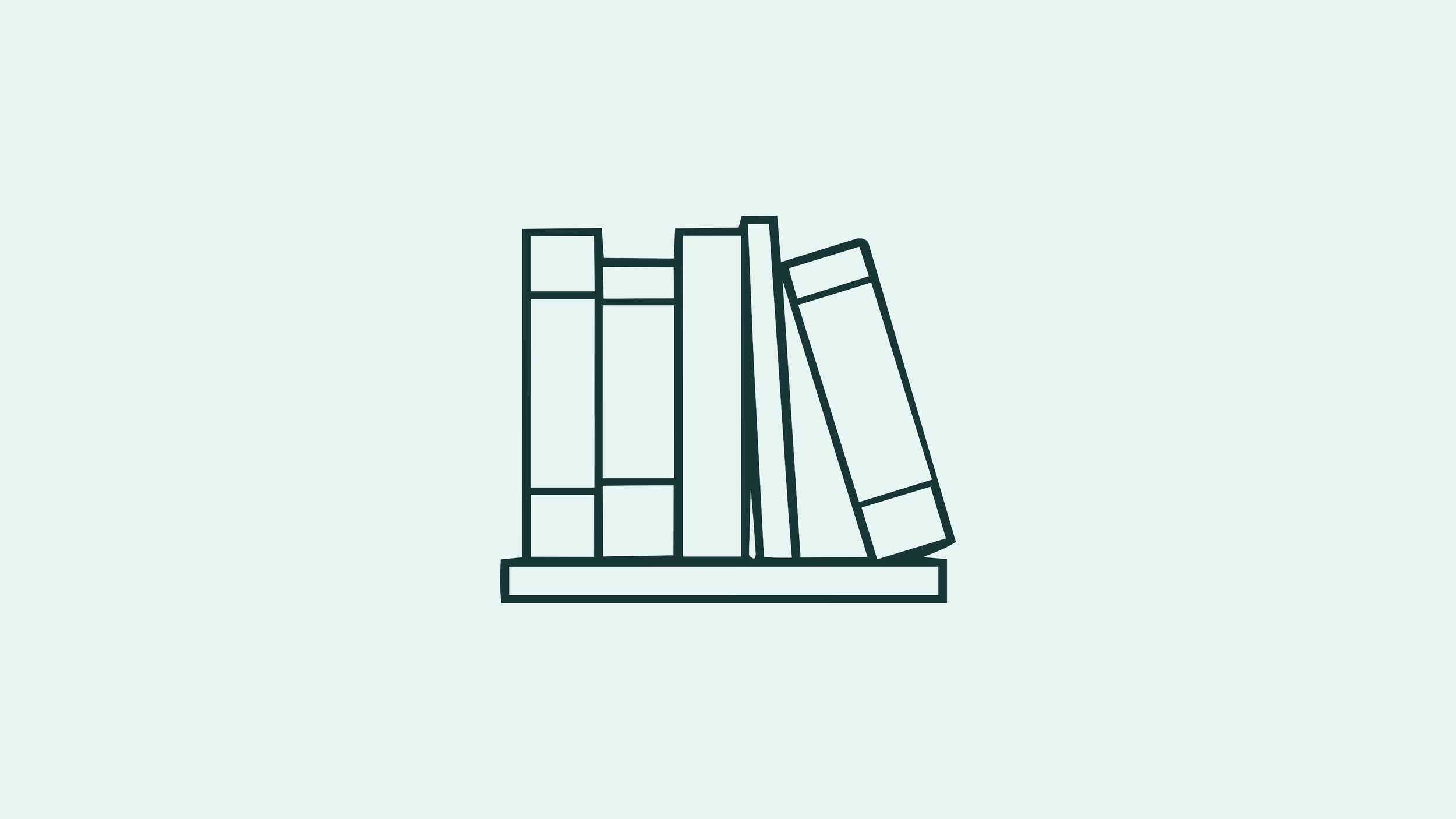 Line drawing of a bookshelf with several books on it, placed on a stand against a light blue background.