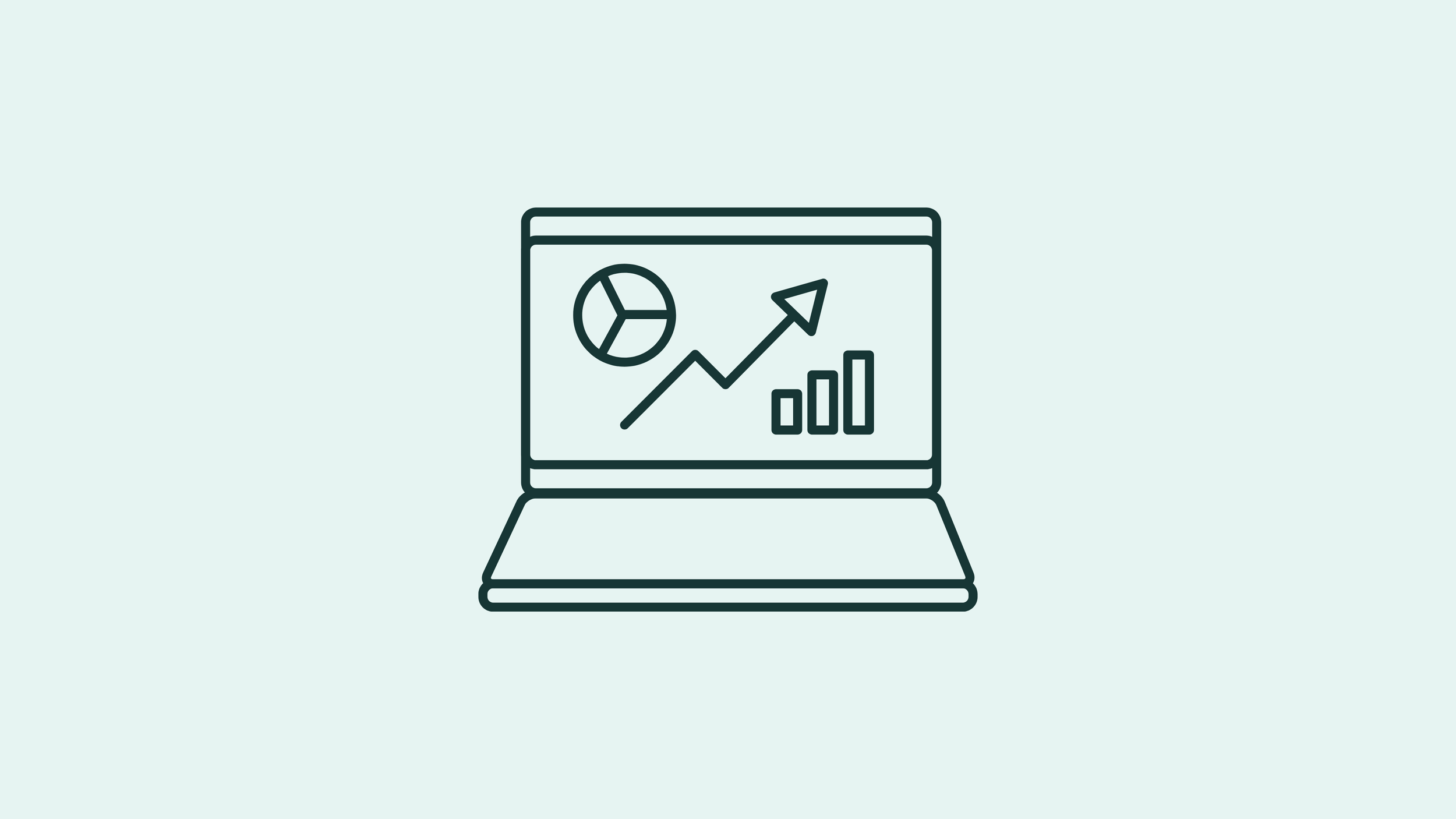 Line drawing of a laptop with a screen displaying a pie chart, an upward arrow, and a bar graph.