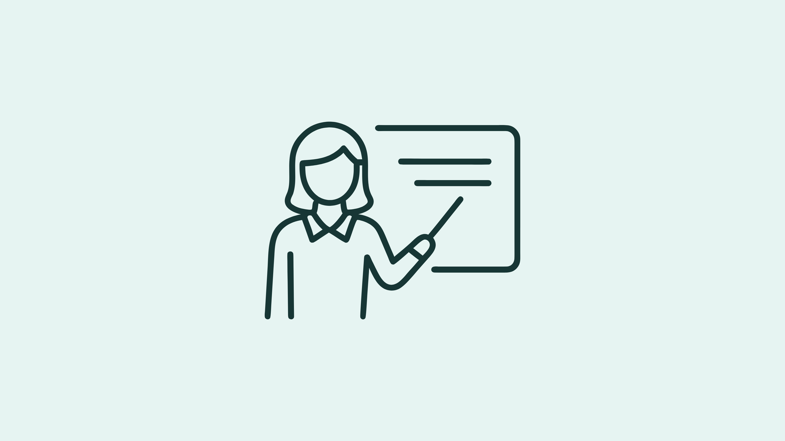 Line drawing of a woman pointing at a presentation board.