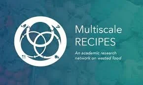 Cover of a publication titled 'Multiscale Recipes' with a logo of interconnected circles, describing an academic research network on wasted food.