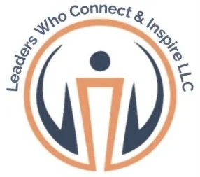 Logo with circular text reading 'Leaders Who Connect & Inspire LLC' surrounding a stylized figure with a circle head and abstract arms and legs.