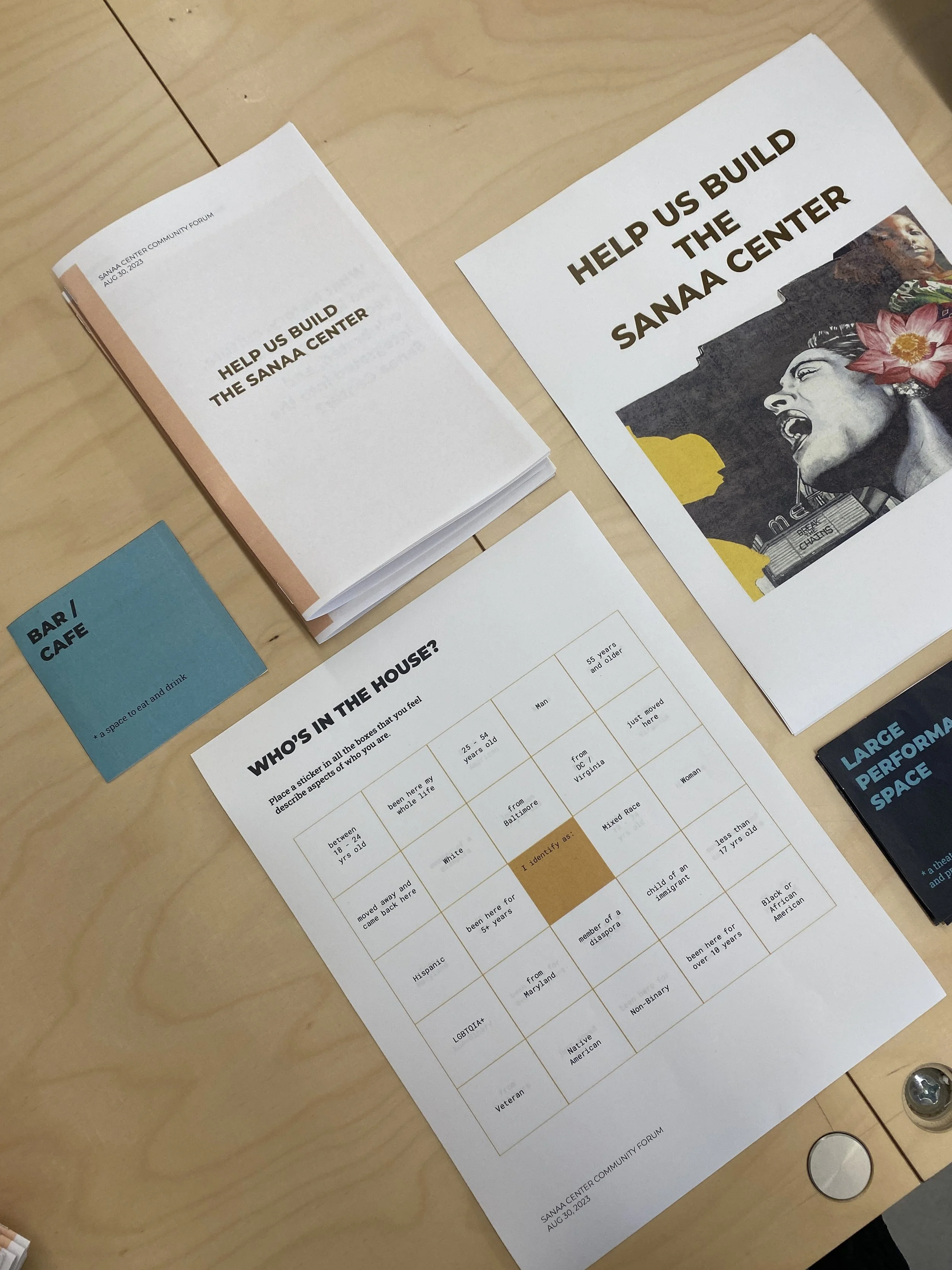 Flyers and a pamphlet on a table promoting the Sanaa Center, with a sign saying "Help Us Build the Sanaa Center" and a chart titled "Who's in the House?" discussing identity categories.