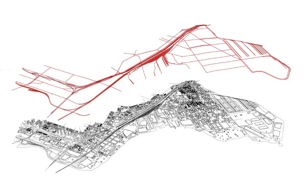 Illustrated map featuring a detailed urban area in black and red lines, showing roads and city layout.