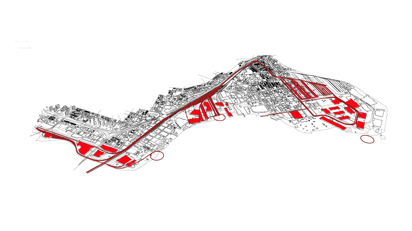 Isometric urban map with red-highlighted areas and a central roadway. Data visualization of how to lessen the burden of truck traffic in Port Morris Bronx if we revitalized old marinas in the area.