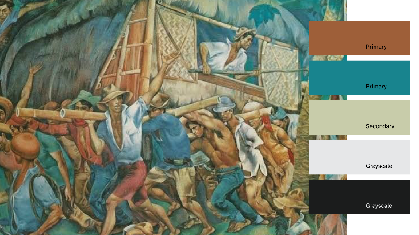 A mural depicting laborers carrying a bamboo structure, with a man looking out from an elevated platform.