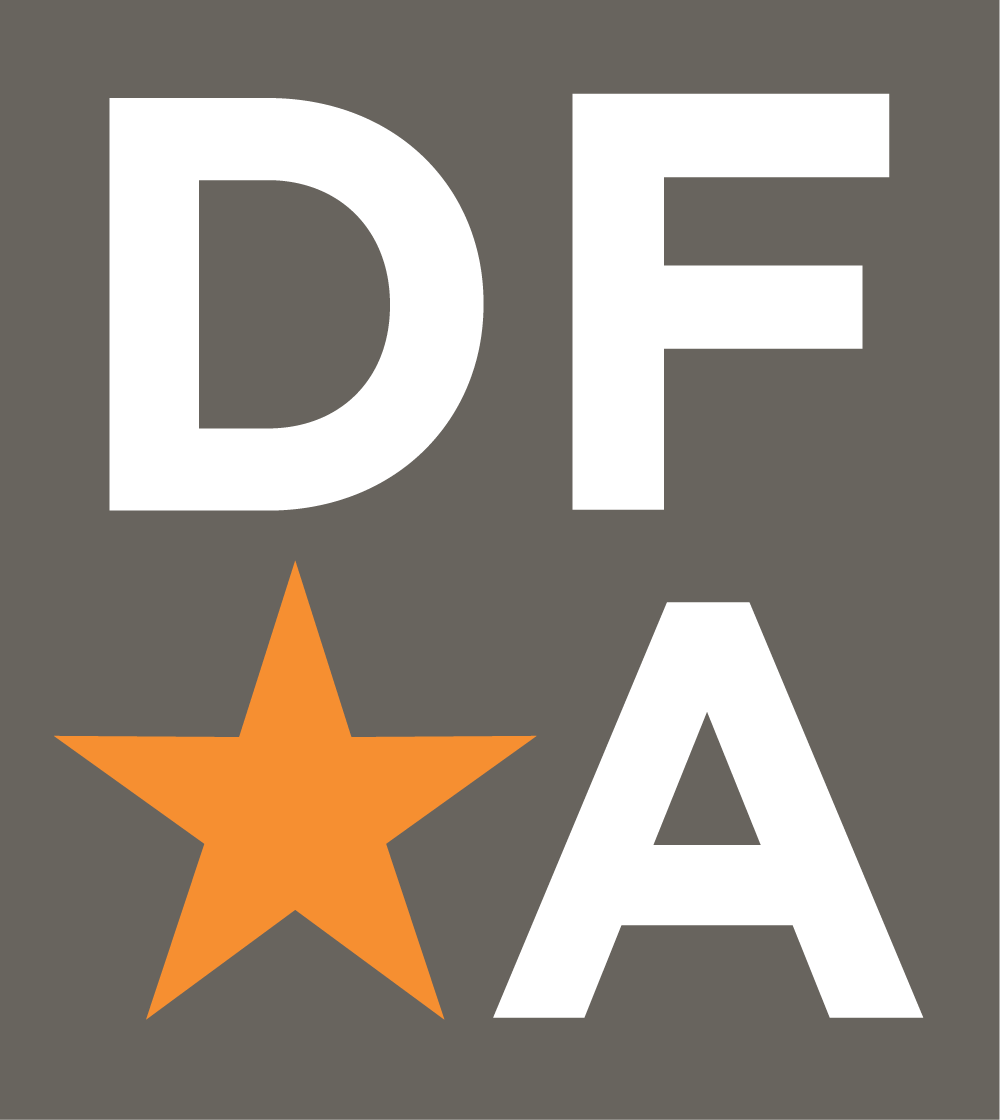 Graphic design with the words 'DFA' in large white letters on a dark gray background, and an orange star below the first letter.