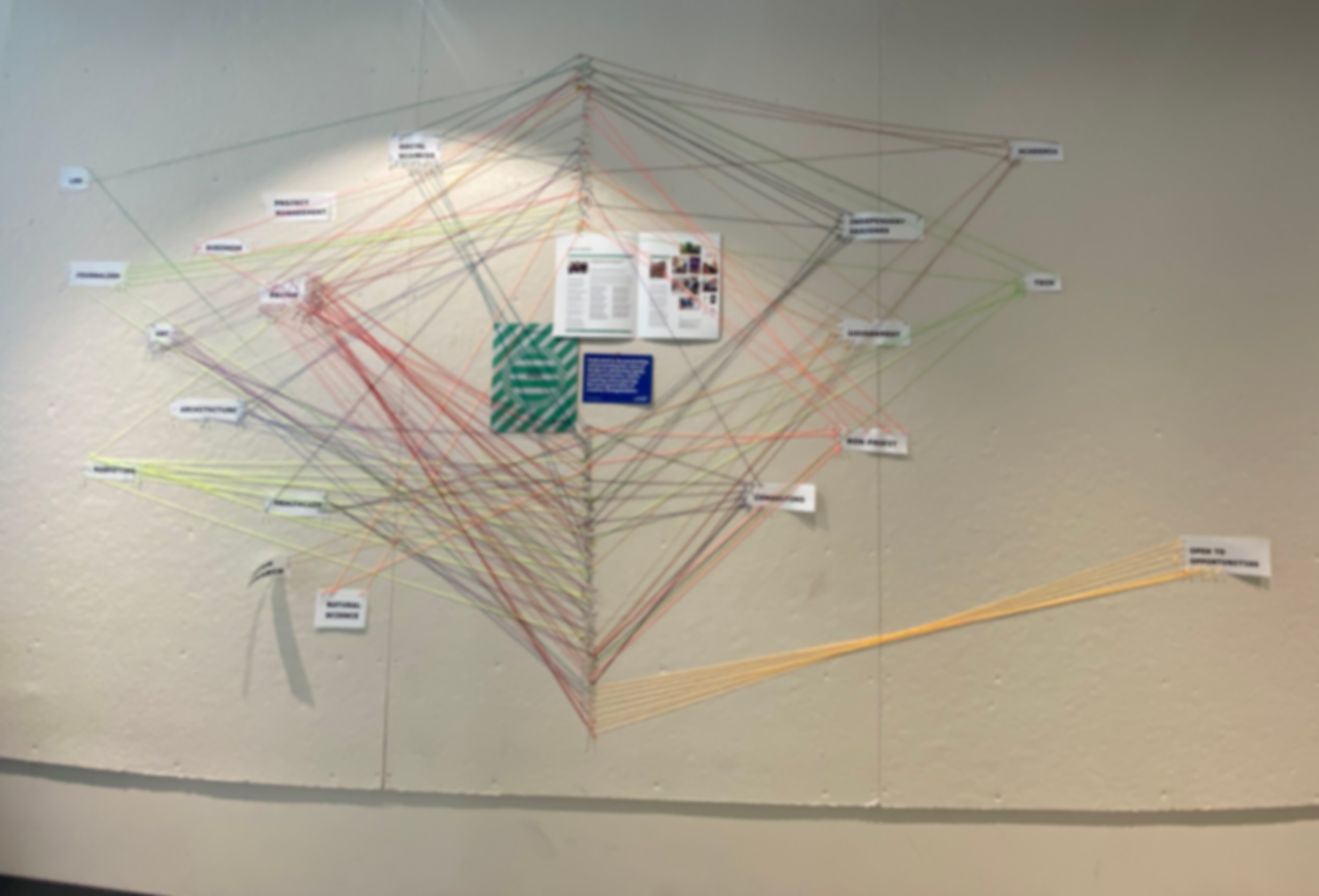 A wall covered with a complex network diagram created with colored strings connected to printed labels and information at the center, illustrating relationships or connections.