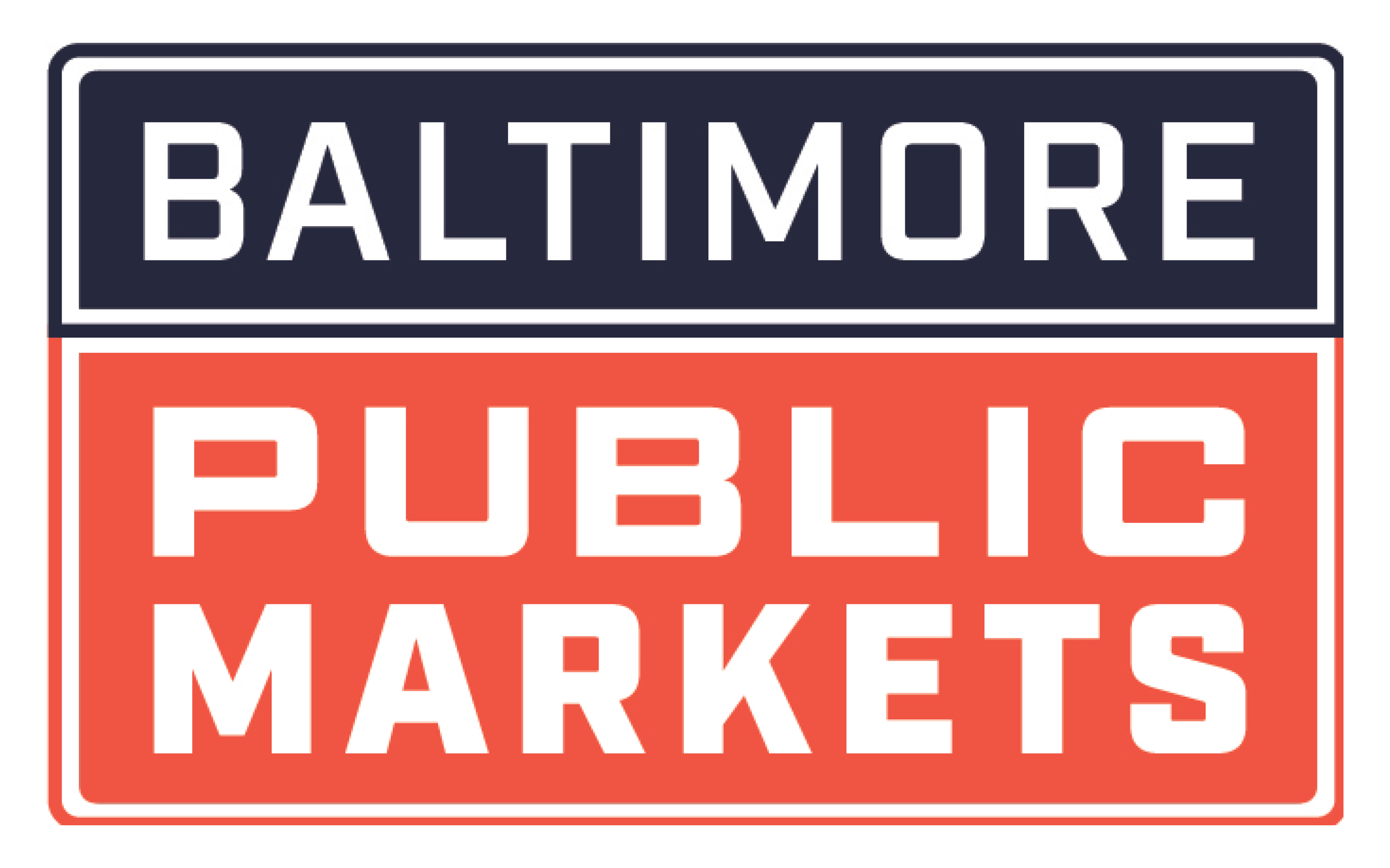 Baltimore Public Markets sign with the words 'Baltimore' in a dark blue rectangle on top and 'Public Markets' in an orange rectangle below.
