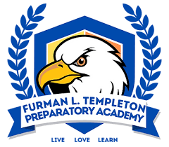 School emblem featuring an eagle's head with a yellow beak inside a shield, surrounded by blue laurel branches, with text that reads 'Furman L. Templeton Preparatory Academy' and a motto 'Live Love Learn'.
