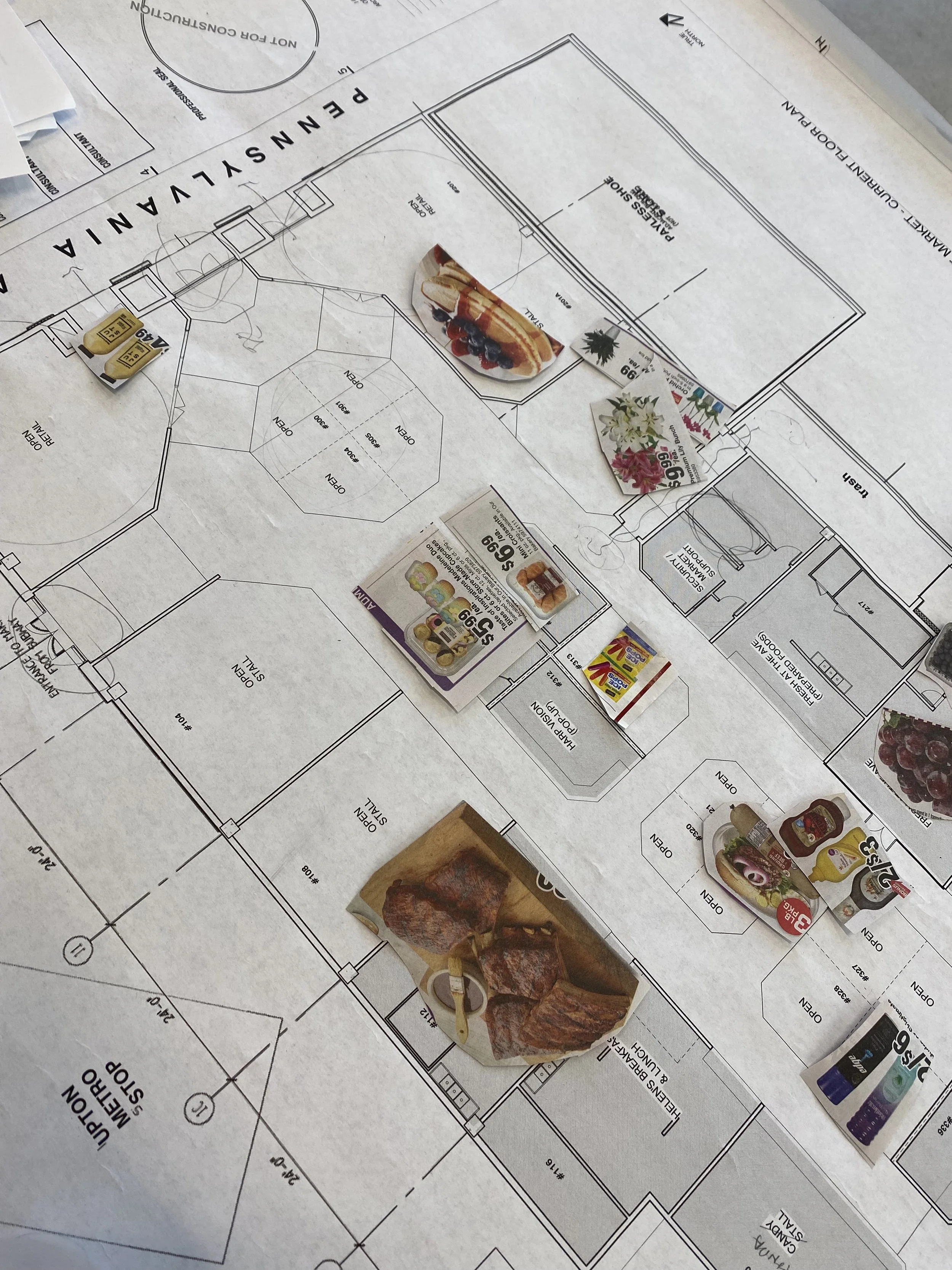 A participatory design activity where people placed images of vendors they want to see on the blueprint of Avenue Market.