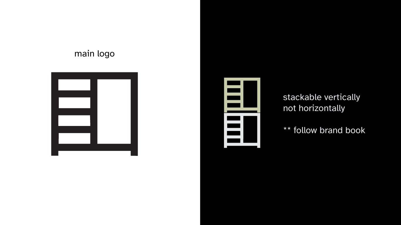 Comparison of two bookshelf graphics showing that the right one is stackable vertically and follows brand book guidelines.