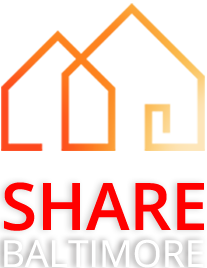 Logo for SHARE Baltimore in orange, red, and gray colors.