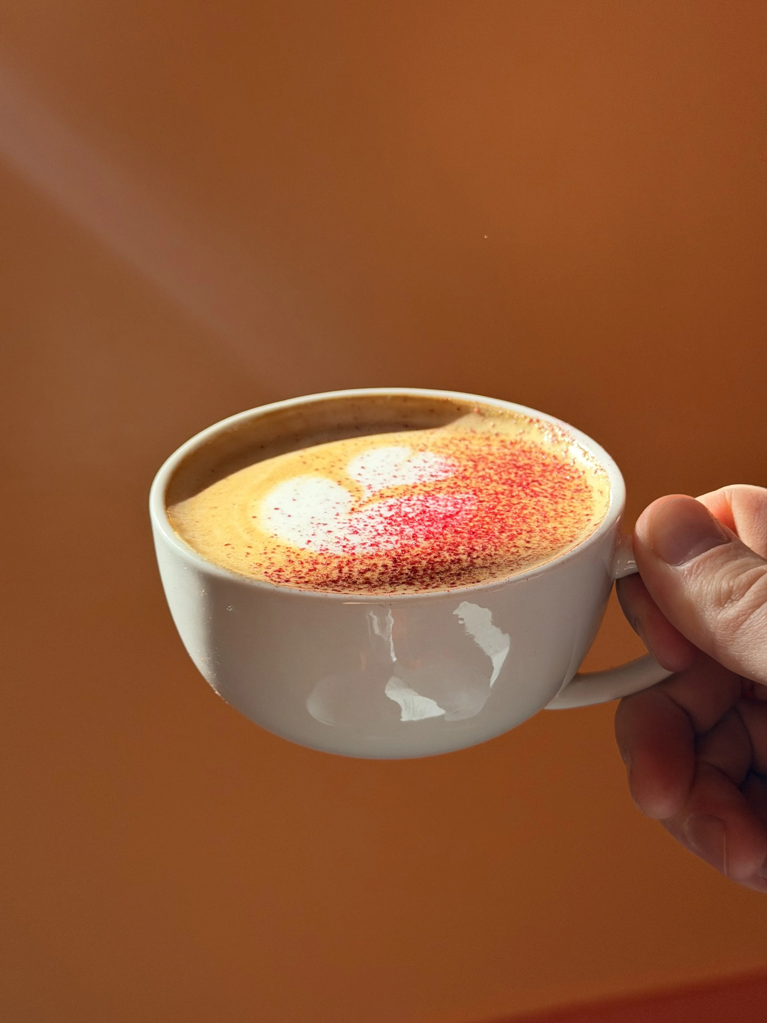 A hand holding a white mug filled with a frothy coffee topped with swirl latte art and sprinkled with red cinnamon powder against a brown background.