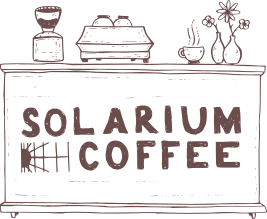 Illustration of a coffee cart with a coffee cup, cake stand with cupcakes, two vases with flowers, and a sign reading 'Solarium Coffee'.