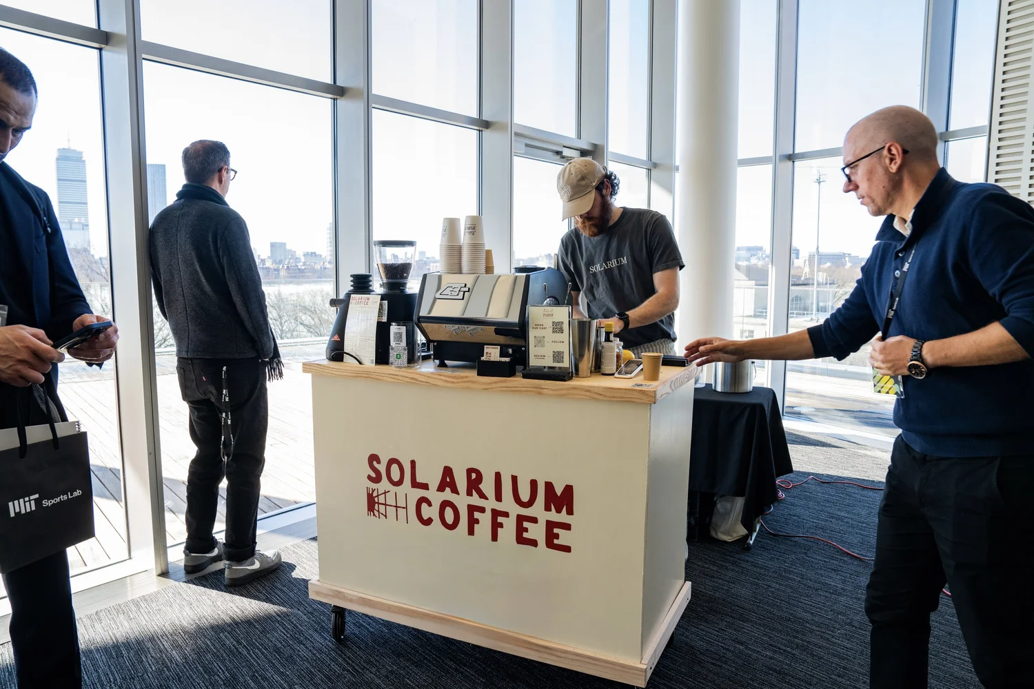 Solarium Coffee espresso cart serving guests at the MIT Sports Summit in Cambridge