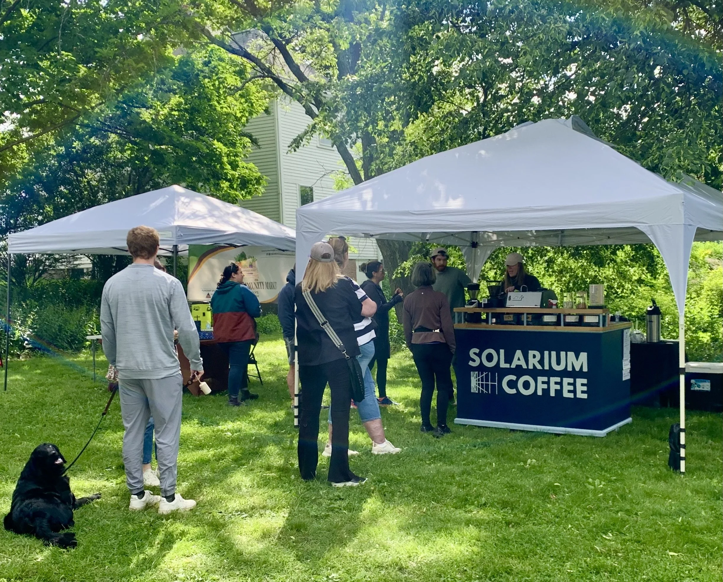 People standing in line at a coffee stand called 'Solarium Coffee' under a white canopy in a park with green grass and trees.