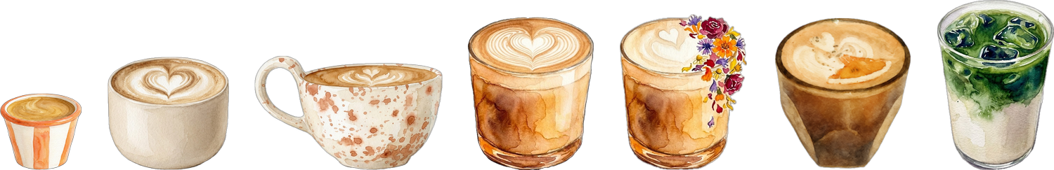 Illustrated lineup of Solarium Coffee espresso drinks