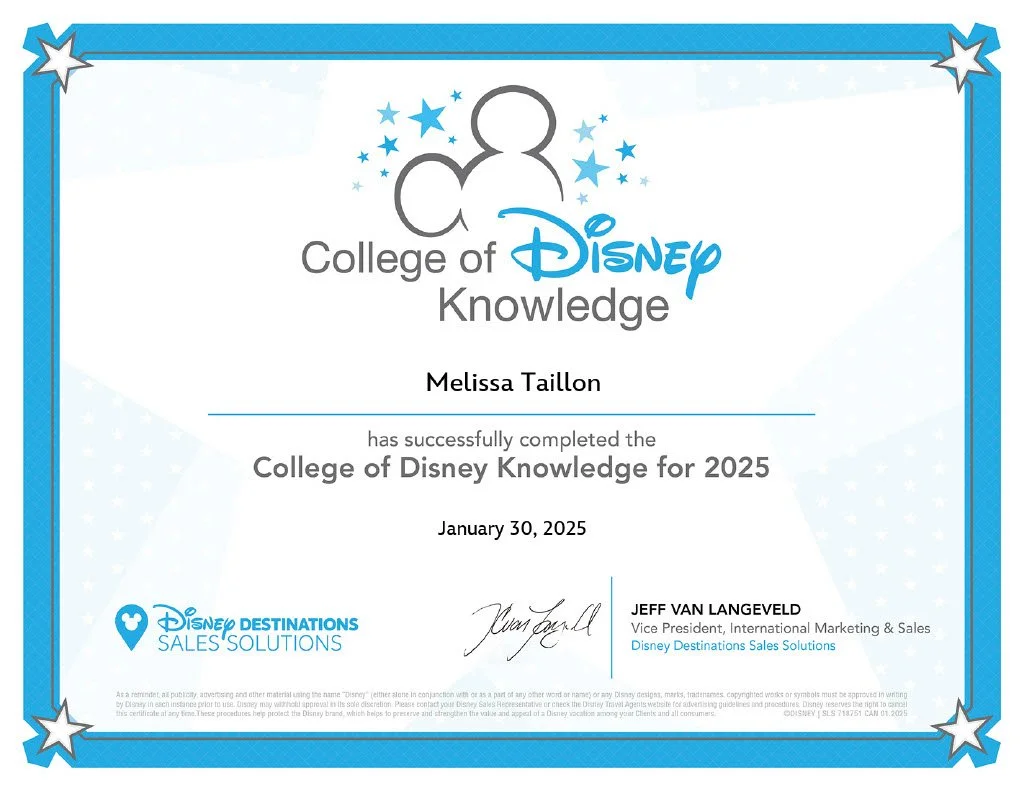 Certificate from the College of Disney Knowledge, awarded to Melissa Taillon, dated January 30, 2025, with a blue border and Disney logos.