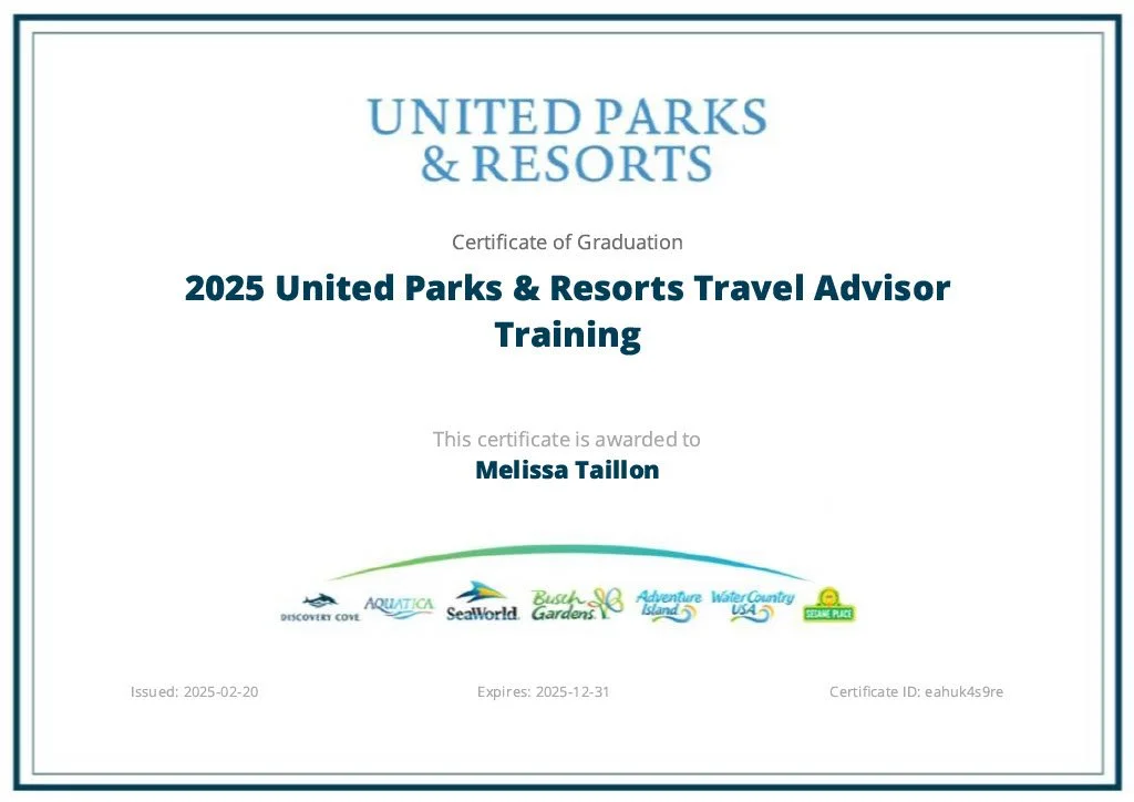 Certificate of Graduation from United Parks & Resorts for 2025 Travel Advisor Training awarded to Melissa Taillon.