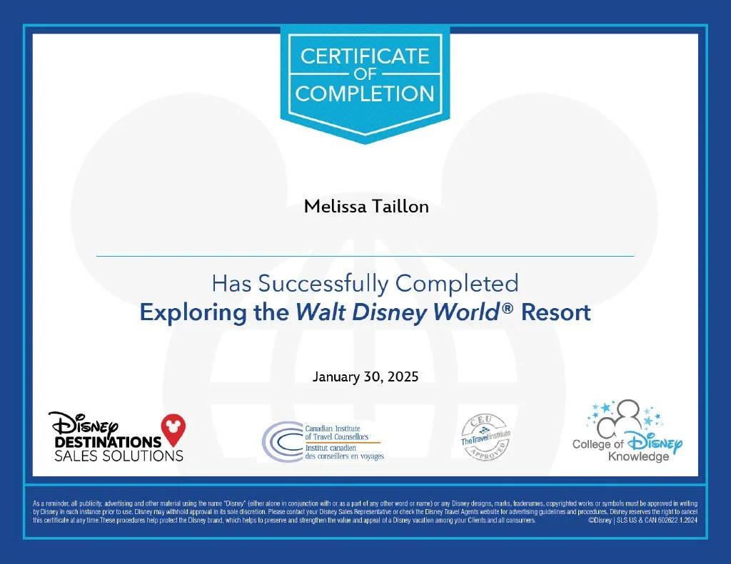 Certificate of completion for exploring Walt Disney World Resort, featuring Disney branding and logos of related organizations.