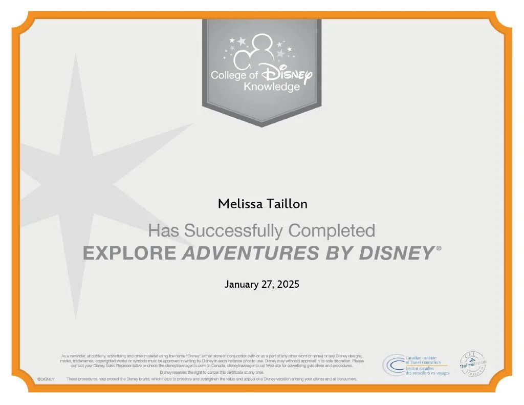Certificate from the College of Disney Knowledge, awarded to Melissa Taillon for completing 'Explore Adventures by Disney' on January 27, 2025. Features Disney branding and partner logos.